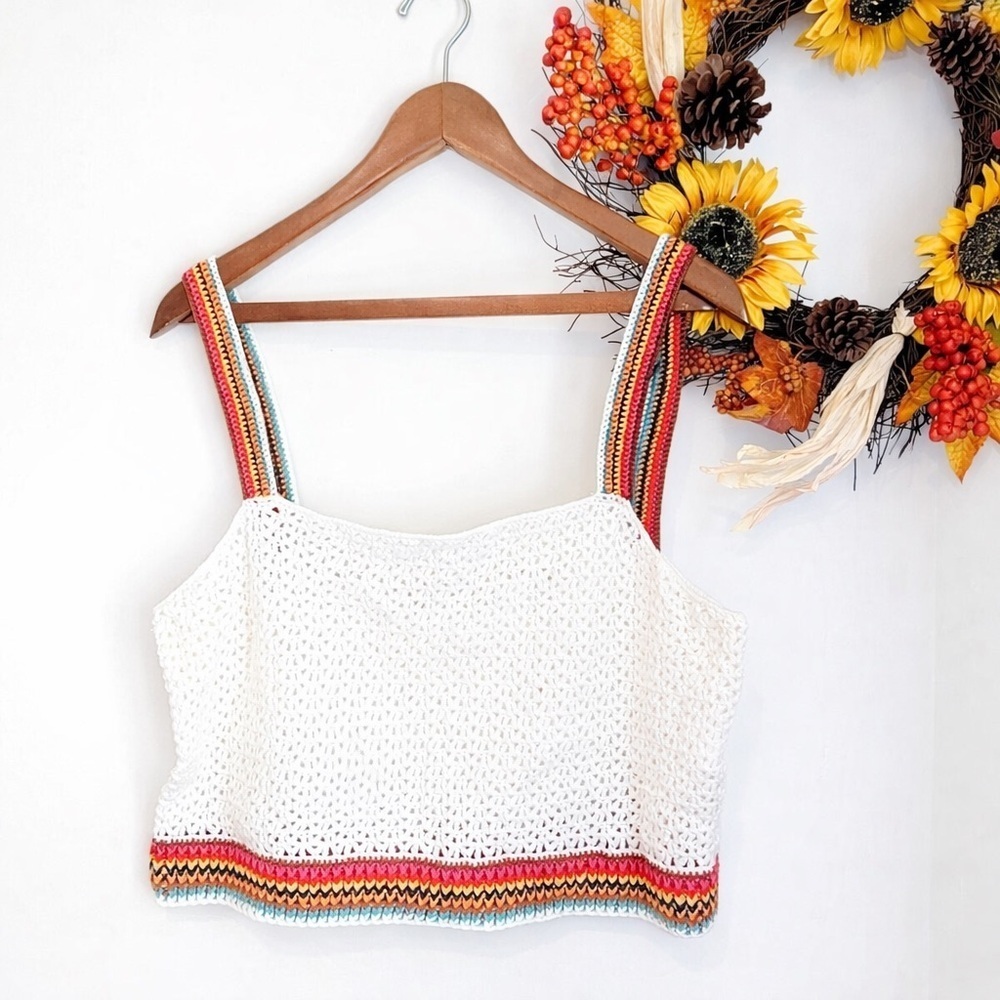 Marine Layer CARO Boho Crochet Top White Knit Tank Colorful Straps MEDIUM